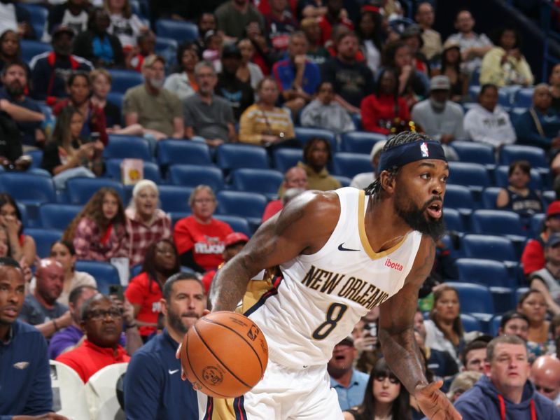 NEW ORLEANS, LA - OCTOBER 10: Naji Marshall #8 of the New Orleans Pelicans drives to the basket during the game against the Orlando Magic on October 10, 2023 at the Smoothie King Center in New Orleans, Louisiana. NOTE TO USER: User expressly acknowledges and agrees that, by downloading and or using this Photograph, user is consenting to the terms and conditions of the Getty Images License Agreement. Mandatory Copyright Notice: Copyright 2023 NBAE (Photo by Layne Murdoch Jr./NBAE via Getty Images)