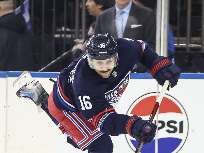 Mar 5, 2025; New York, New York, USA;  New York Rangers center Vincent Trocheck (16) controls the puck in the second period against the Washington Capitals at Madison Square Garden. Mandatory Credit: Wendell Cruz-Imagn Images