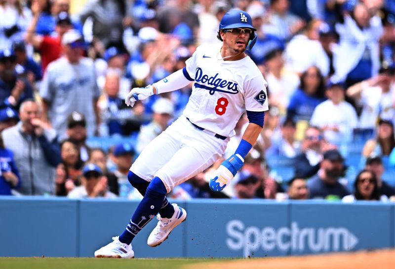 Apr 27, 2025; Los Angeles, California, USA; Los Angeles Dodgers first baseman Enrique Hernandez (8) rounds third during the second inning against the Pittsburgh Pirates at Dodger Stadium. Mandatory Credit: Jonathan Hui-Imagn Images