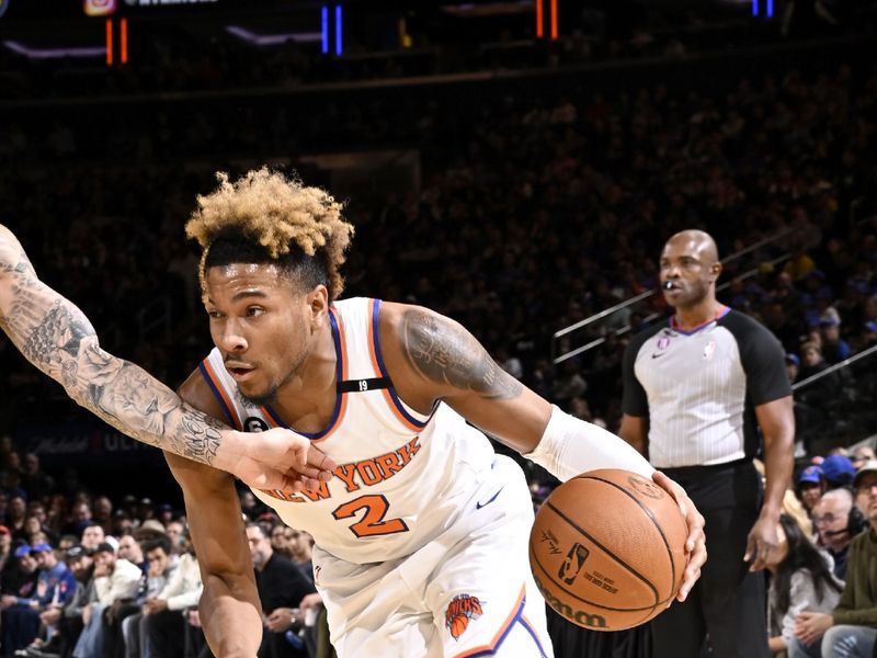 NEW YORK, NY - APRIL 9: Miles McBride #2 of the New York Knicks dribbles the ball during the game against the Indiana Pacers on April 9, 2023 at Madison Square Garden in New York City, New York. NOTE TO USER: User expressly acknowledges and agrees that, by downloading and or using this photograph, User is consenting to the terms and conditions of the Getty Images License Agreement. Mandatory Copyright Notice: Copyright 2023 NBAE  (Photo by David Dow/NBAE via Getty Images)