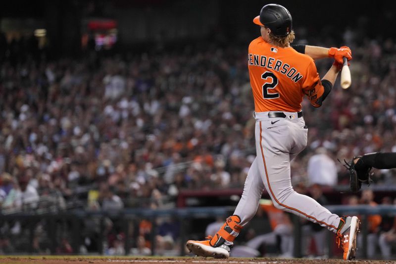 Sep 2, 2023; Phoenix, Arizona, USA; Baltimore Orioles shortstop baseman Gunnar Henderson (2) against the Arizona Diamondbacks at Chase Field. Mandatory Credit: Joe Camporeale-USA TODAY Sports