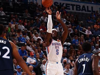 OKLAHOMA CITY, OK - OCTOBER 23: Luguentz Dort #5 of the Oklahoma City Thunder shoots the ball during the game against the Minnesota Timberwolves on October 23, 2022 at Paycom Arena in Oklahoma City, Oklahoma. NOTE TO USER: User expressly acknowledges and agrees that, by downloading and or using this photograph, User is consenting to the terms and conditions of the Getty Images License Agreement. Mandatory Copyright Notice: Copyright 2022 NBAE (Photo by Zach Beeker/NBAE via Getty Images)