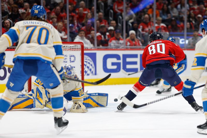 Feb 27, 2025; Washington, District of Columbia, USA; Washington Capitals left wing Pierre-Luc Dubois (80) scores a goal on St. Louis Blues goaltender Joel Hofer (30) in the first period at Capital One Arena. Mandatory Credit: Geoff Burke-Imagn Images