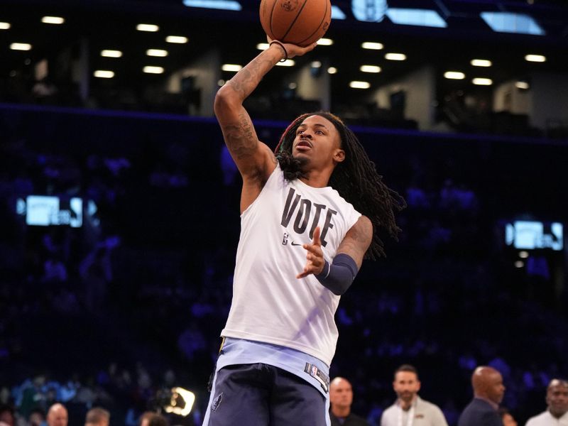 BROOKLYN, NY - NOVEMBER 4: Ja Morant #12 of the Memphis Grizzlies warms up before the game against the Brooklyn Nets on November 4, 2024 at Barclays Center in Brooklyn, New York. NOTE TO USER: User expressly acknowledges and agrees that, by downloading and or using this Photograph, user is consenting to the terms and conditions of the Getty Images License Agreement. Mandatory Copyright Notice: Copyright 2024 NBAE (Photo by Jesse D. Garrabrant/NBAE via Getty Images)