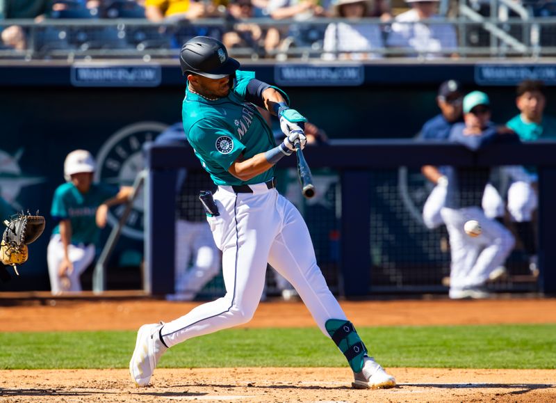 Mar 5, 2024; Peoria, Arizona, USA; Seattle Mariners outfielder Julio Rodriguez against the Texas Rangers during a spring training baseball game at Peoria Sports Complex. Mandatory Credit: Mark J. Rebilas-USA TODAY Sports