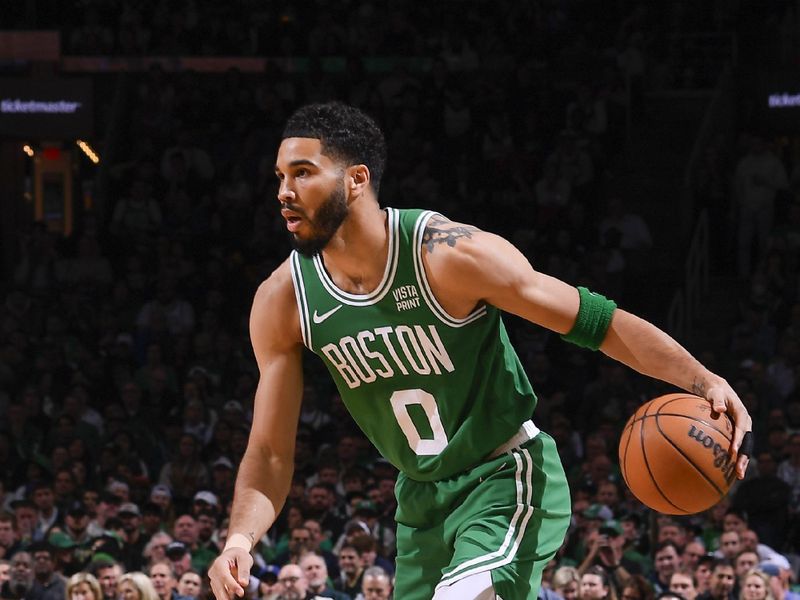 BOSTON, MA - APRIL 24: Jayson Tatum #0 of the Boston Celtics handles the ball during the game  against the Miami Heat during Round 1 Game 2 of the 2024 NBA Playoffs on April 24, 2024 at the TD Garden in Boston, Massachusetts. NOTE TO USER: User expressly acknowledges and agrees that, by downloading and or using this photograph, User is consenting to the terms and conditions of the Getty Images License Agreement. Mandatory Copyright Notice: Copyright 2024 NBAE  (Photo by Brian Babineau/NBAE via Getty Images)