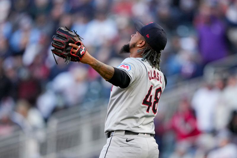 Apr 4, 2024; Minneapolis, Minnesota, USA; Cleveland Guardians relief pitcher Emmanuel Clase (48) reacts after defeating Minnesota Twins at Target Field. Mandatory Credit: Jordan Johnson-USA TODAY Sports