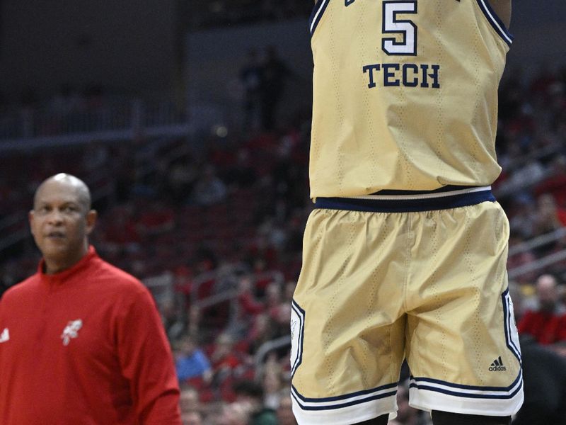 Feb 10, 2024; Louisville, Kentucky, USA; Georgia Tech Yellow Jackets forward Tafara Gapare (5) shoots against the Louisville Cardinals during the first half at KFC Yum! Center. Mandatory Credit: Jamie Rhodes-USA TODAY Sports