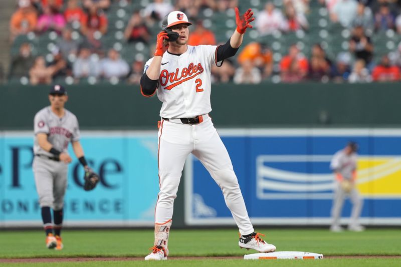 Aug 22, 2024; Baltimore, Maryland, USA; Baltimore Orioles shortstop Gunnar Henderson (2) reacts during a first inning double against the Houston Astros at Oriole Park at Camden Yards. Mandatory Credit: Mitch Stringer-USA TODAY Sports