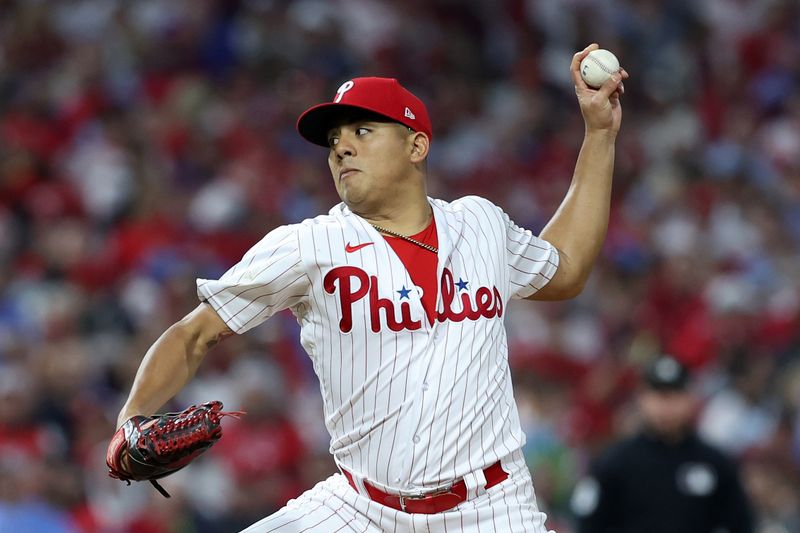 Oct 24, 2023; Philadelphia, Pennsylvania, USA; Philadelphia Phillies starting pitcher Ranger Suarez (55) throws a pitch against the Arizona Diamondbacks in the first inning for game seven of the NLCS for the 2023 MLB playoffs at Citizens Bank Park. Mandatory Credit: Bill Streicher-USA TODAY Sports