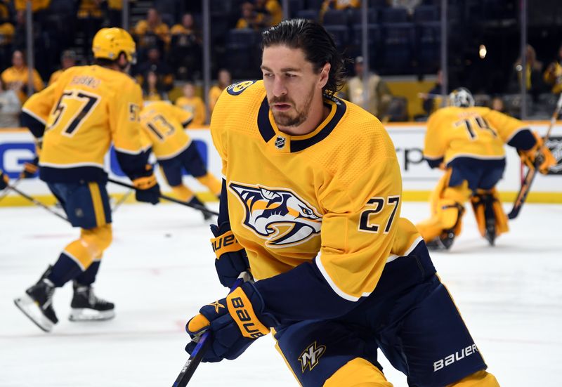 Oct 13, 2022; Nashville, Tennessee, USA; Nashville Predators defenseman Ryan McDonagh (27) skates during warmups before the game against the Dallas Stars at Bridgestone Arena. Mandatory Credit: Christopher Hanewinckel-USA TODAY Sports