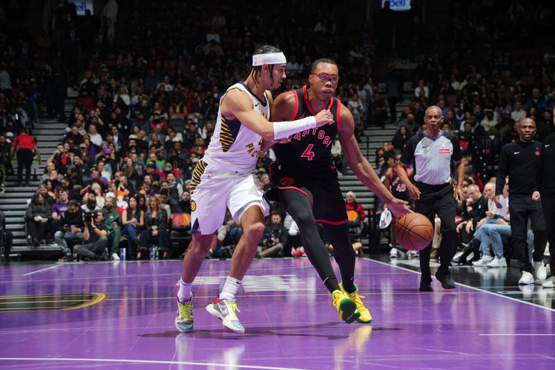 TORONTO, CANADA - DECEMBER 3: Scottie Barnes #4 of the Toronto Raptors handles the ball during the game against the Indiana Pacers during the Emirates NBA Cup game on December 3, 2024 at the Scotiabank Arena in Toronto, Ontario, Canada.  NOTE TO USER: User expressly acknowledges and agrees that, by downloading and or using this Photograph, user is consenting to the terms and conditions of the Getty Images License Agreement.  Mandatory Copyright Notice: Copyright 2024 NBAE (Photo by Mark Blinch/NBAE via Getty Images)