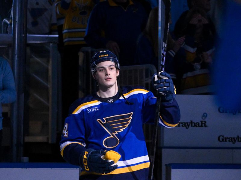 Nov 3, 2025; St. Louis, Missouri, USA; St. Louis Blues right wing Dalibor Dvorsky (54) salutes the fans after he was named third star of the game in a victory over the Edmonton Oilers at Enterprise Center. Mandatory Credit: Jeff Curry-Imagn Images