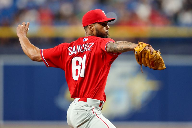 Jul 6, 2023; St. Petersburg, Florida, USA;  Philadelphia Phillies starting pitcher Cristopher Sanchez (61) throws a pitch against the Tampa Bay Rays in the sixth inning at Tropicana Field. Mandatory Credit: Nathan Ray Seebeck-USA TODAY Sports