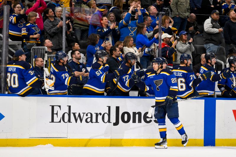 Nov 5, 2024; St. Louis, Missouri, USA;  St. Louis Blues center Jordan Kyrou (25) is congratulated by teammates after scoring against the Tampa Bay Lightning during the third period at Enterprise Center. Mandatory Credit: Jeff Curry-Imagn Images