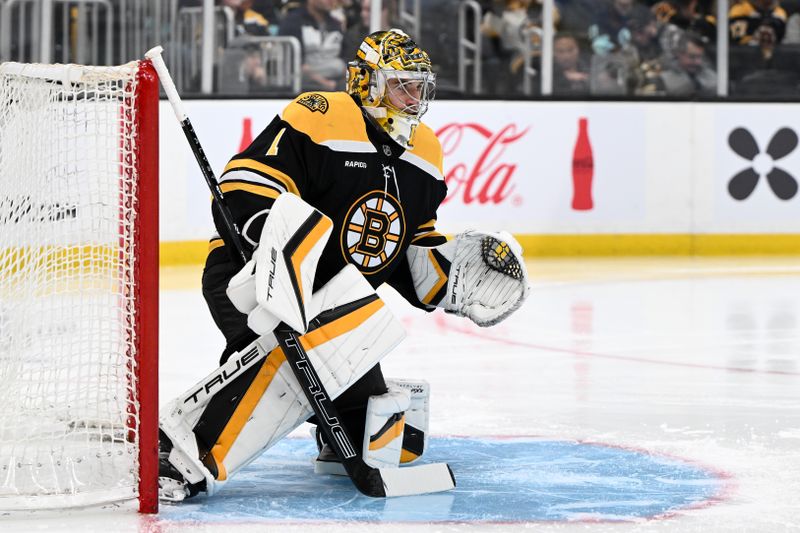 Nov 3, 2024; Boston, Massachusetts, USA; Boston Bruins goaltender Jeremy Swayman (1) watches a play against the Seattle Kraken during the second period at the TD Garden. Mandatory Credit: Brian Fluharty-Imagn Images