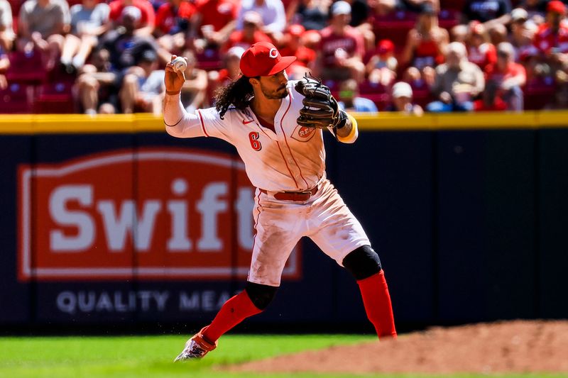 Sep 1, 2024; Cincinnati, Ohio, USA; Cincinnati Reds second baseman Jonathan India (6) throws to first to get Milwaukee Brewers outfielder Jackson Chourio (not pictured) out in the seventh inning at Great American Ball Park. Mandatory Credit: Katie Stratman-USA TODAY Sports