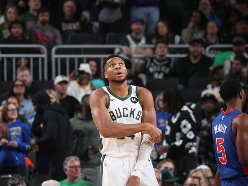 MILWAUKEE, WI - NOVEMBER 13: Giannis Antetokounmpo #34 of the Milwaukee Bucks looks on during the game against the Detroit Pistons on November 13, 2024 at the Fiserv Forum Center in Milwaukee, Wisconsin. NOTE TO USER: User expressly acknowledges and agrees that, by downloading and or using this Photograph, user is consenting to the terms and conditions of the Getty Images License Agreement. Mandatory Copyright Notice: Copyright 2024 NBAE (Photo by Gary Dineen/NBAE via Getty Images).