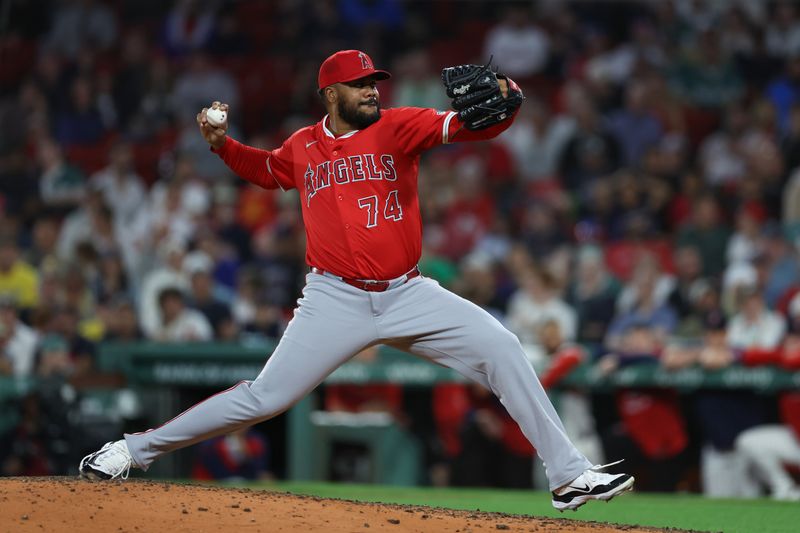 Jun 3, 2025; Boston, Massachusetts, USA; Los Angeles Angels relief pitcher Kenley Jansen (74) delivers a pitch during the ninth inning against the Boston Red Sox at Fenway Park. Mandatory Credit: Paul Rutherford-Imagn Images