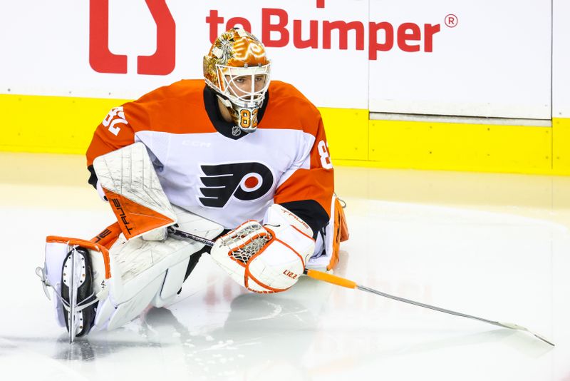 Oct 12, 2024; Calgary, Alberta, CAN; Philadelphia Flyers goaltender Ivan Fedotov (82) during the warmup period against the Calgary Flames at Scotiabank Saddledome. Mandatory Credit: Sergei Belski-Imagn Images