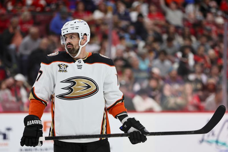 Jan 15, 2024; Sunrise, Florida, USA; Anaheim Ducks left wing Alex Killorn (17) looks on against the Florida Panthers during the first period at Amerant Bank Arena. Mandatory Credit: Sam Navarro-USA TODAY Sports