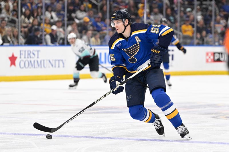 Apr 14, 2024; St. Louis, Missouri, USA; St. Louis Blues defenseman Colton Parayko (55) skates against the Seattle Kraken during the second period at Enterprise Center. Mandatory Credit: Jeff Le-USA TODAY Sports