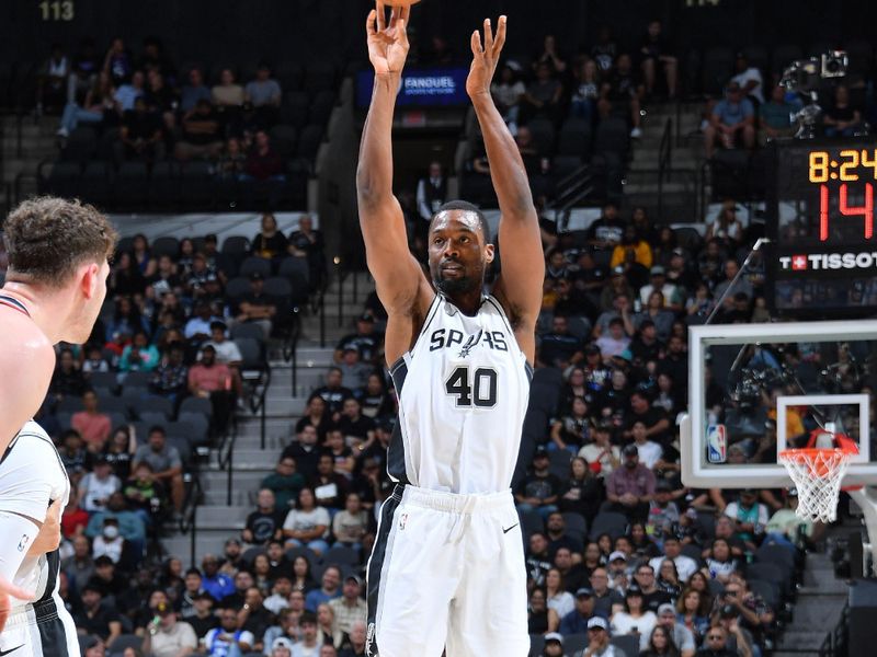 SAN ANTONIO, TX - NOVEMBER 7: Harrison Barnes #40 of the San Antonio Spurs shoots a three point basket during the game against the Portland Trail Blazers on November 7, 2024 at the Frost Bank Center in San Antonio, Texas. NOTE TO USER: User expressly acknowledges and agrees that, by downloading and or using this photograph, user is consenting to the terms and conditions of the Getty Images License Agreement. Mandatory Copyright Notice: Copyright 2024 NBAE (Photos by Michael Gonzales/NBAE via Getty Images)