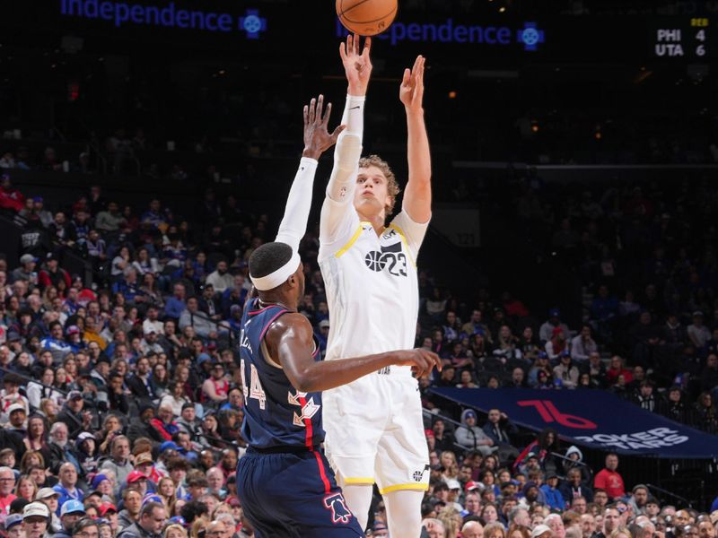 PHILADELPHIA, PA - JANUARY 6:  Lauri Markkanen #23 of the Utah Jazz shoots a three point basket during the game  on January 6, 2024 at the Wells Fargo Center in Philadelphia, Pennsylvania NOTE TO USER: User expressly acknowledges and agrees that, by downloading and/or using this Photograph, user is consenting to the terms and conditions of the Getty Images License Agreement. Mandatory Copyright Notice: Copyright 2024 NBAE (Photo by Jesse D. Garrabrant/NBAE via Getty Images)