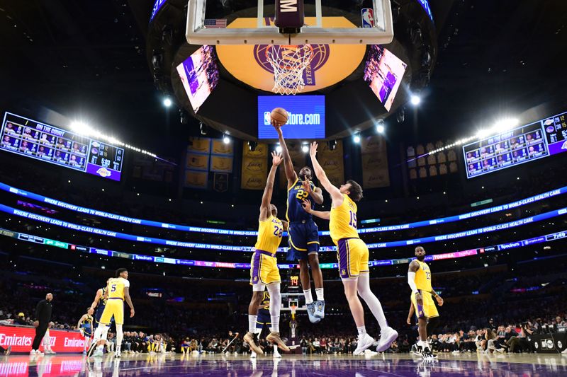 LOS ANGELES, CA - APRIL 9: Andrew Wiggins #22 of the Golden State Warriors drives to the basket during the game against the Los Angeles Lakers on April 9, 2024 at Crypto.Com Arena in Los Angeles, California. NOTE TO USER: User expressly acknowledges and agrees that, by downloading and/or using this Photograph, user is consenting to the terms and conditions of the Getty Images License Agreement. Mandatory Copyright Notice: Copyright 2024 NBAE (Photo by Adam Pantozzi/NBAE via Getty Images)