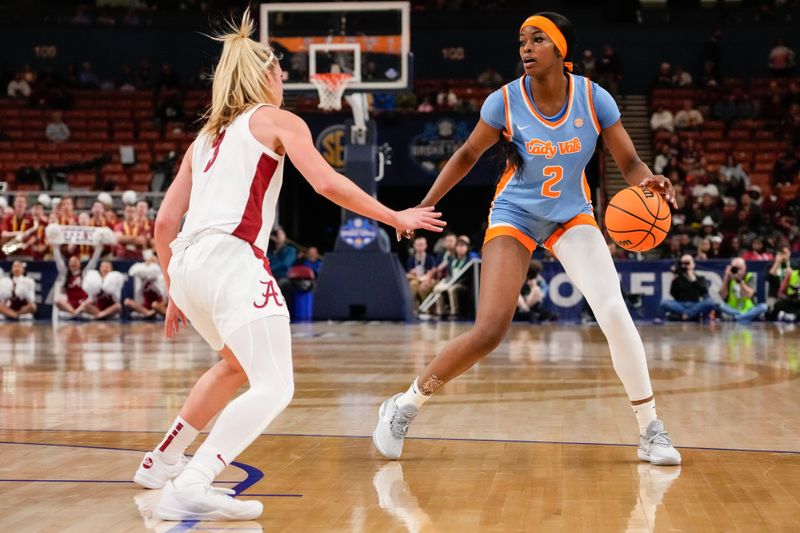 Mar 8, 2024; Greensville, SC, USA; Tennessee Lady Vols forward Rickea Jackson (2) handles the ball against Alabama Crimson Tide guard Sarah Ashlee Barker (3) during the second half at Bon Secours Wellness Arena. Mandatory Credit: Jim Dedmon-USA TODAY Sports