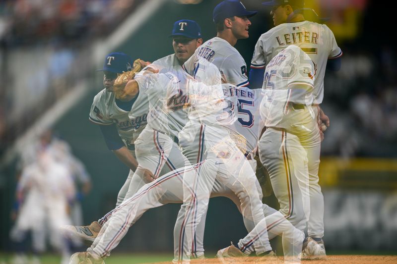 Aug 23, 2025; Arlington, Texas, USA; (editors note, in camera multiple exposure) Texas Rangers starting pitcher Jack Leiter (35) throws the ball during the second inning against the Cleveland Guardians at Globe Life Field. Mandatory Credit: Jerome Miron-Imagn Images