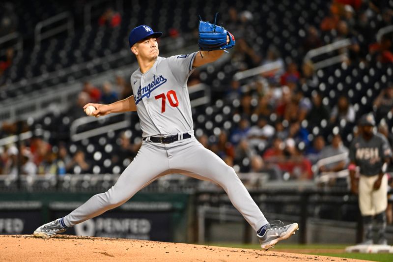 Sep 9, 2023; Washington, District of Columbia, USA; Los Angeles Dodgers starting pitcher Bobby Miller (70) throws to the Washington Nationals during the first inning at Nationals Park. Mandatory Credit: Brad Mills-USA TODAY Sports