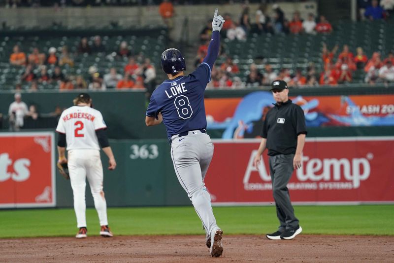 Sep 24, 2025; Baltimore, Maryland, USA; Tampa Bay Rays designated hitter Brandon Lowe (8) rounds the bases following his solo home run during the second inning against the Baltimore Orioles at Oriole Park at Camden Yards. Mandatory Credit: Mitch Stringer-Imagn Images