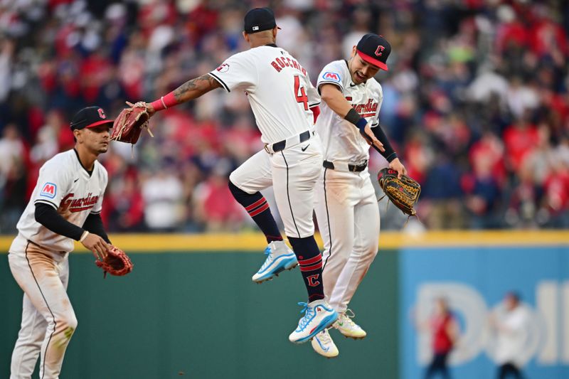 Apr 8, 2024; Cleveland, Ohio, USA; Cleveland Guardians left fielder Steven Kwan (38) celebrates with shortstop Brayan Rocchio (4) after they defeated the Chicago White Sox at Progressive Field. Mandatory Credit: David Dermer-USA TODAY Sports