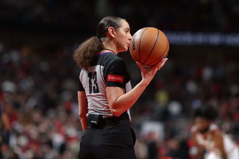 CHICAGO, IL - FEBRUARY 28: Referee Ashley Moyer-Gleich #13 look on during the game between the Cleveland Cavaliers and Chicago Bulls on February 28, 2024 at United Center in Chicago, Illinois. NOTE TO USER: User expressly acknowledges and agrees that, by downloading and or using this photograph, User is consenting to the terms and conditions of the Getty Images License Agreement. Mandatory Copyright Notice: Copyright 2024 NBAE (Photo by Jeff Haynes/NBAE via Getty Images)