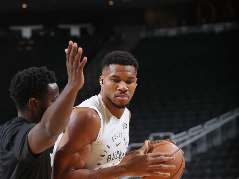 MILWAUKEE, WI - NOVEMBER 18: Giannis Antetokounmpo #34 of the Milwaukee Bucks warms up before the game against the Houston Rockets on November 18, 2024 at the Fiserv Forum Center in Milwaukee, Wisconsin. NOTE TO USER: User expressly acknowledges and agrees that, by downloading and or using this Photograph, user is consenting to the terms and conditions of the Getty Images License Agreement. Mandatory Copyright Notice: Copyright 2024 NBAE (Photo by Gary Dineen/NBAE via Getty Images).