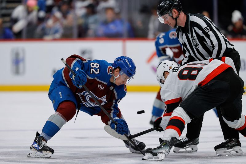 Jan 8, 2026; Denver, Colorado, USA; Colorado Avalanche center Ivan Ivan (82) faces off against Ottawa Senators center Lars Eller (89) on a puck drop from linesman Kilian McNamara (93) in the second period at Ball Arena. Mandatory Credit: Isaiah J. Downing-Imagn Images