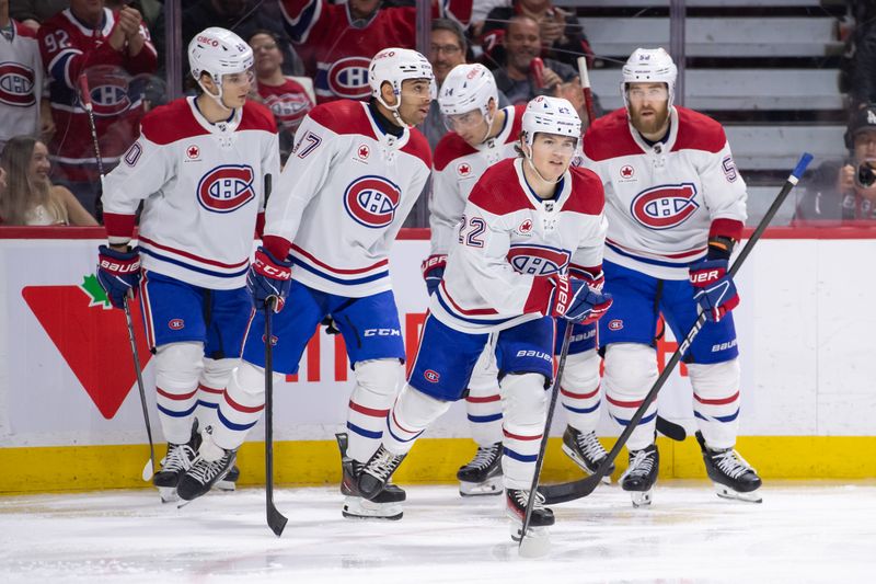 Apr 13, 2024; Ottawa, Ontario, CAN; Montreal Canadiens right wing Cole Caufield (22) skates to the bench after scoring in the second period against the Ottawa Senators at the Canadian Tire Centre. Mandatory Credit: Marc DesRosiers-USA TODAY Sports