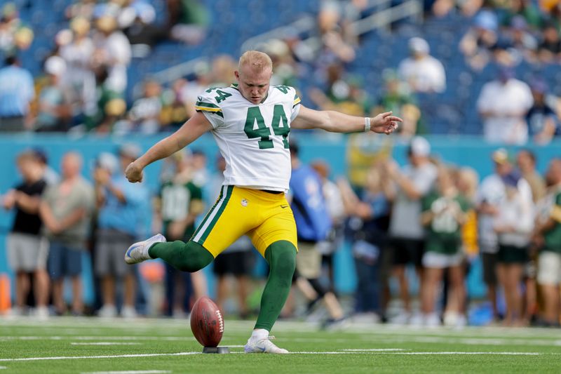 Green Bay Packers kicker Brayden Narveson (44) warms up prior to an NFL football game against the Tennessee Titans, Sunday, Sept. 22, 2024, in Nashville, Tenn. (AP Photo/Stew Milne)