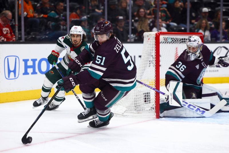 Mar 19, 2024; Anaheim, California, USA; Anaheim Ducks defenseman Olen Zellweger (51) skates with the puck against the Minnesota Wild during the first period of a game at Honda Center. Mandatory Credit: Jessica Alcheh-USA TODAY Sports