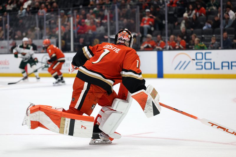 Jan 2, 2026; Anaheim, California, USA;  Anaheim Ducks goaltender Lukas Dostal (1) skates back to the goal during the third period against the Minnesota Wild at Honda Center. Mandatory Credit: Kiyoshi Mio-Imagn Images