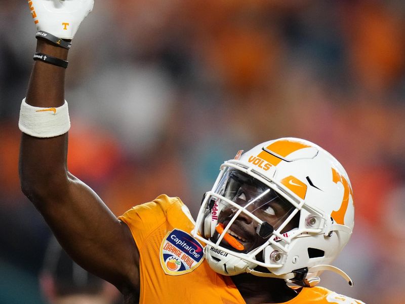 Dec 30, 2022; Miami Gardens, FL, USA; Tennessee Volunteers wide receiver Ramel Keyton (80) celebrates after scoring a touchdown against the Clemson Tigers during the fourth quarter of the 2022 Orange Bowl at Hard Rock Stadium. Mandatory Credit: Rich Storry-USA TODAY Sports