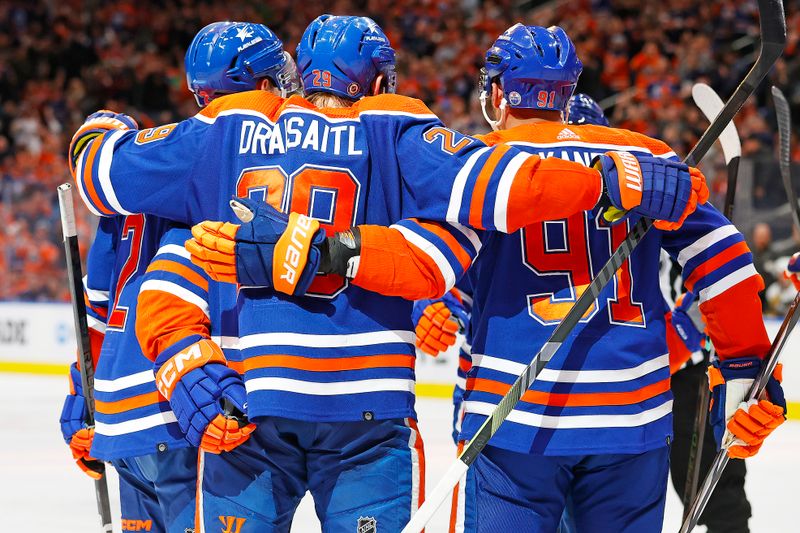 Apr 10, 2024; Edmonton, Alberta, CAN; The Edmonton Oilers celebrate a goal scored by forward Leon Draisaitl (29) during the third period against the Vegas Golden Knights at Rogers Place. Mandatory Credit: Perry Nelson-USA TODAY Sports