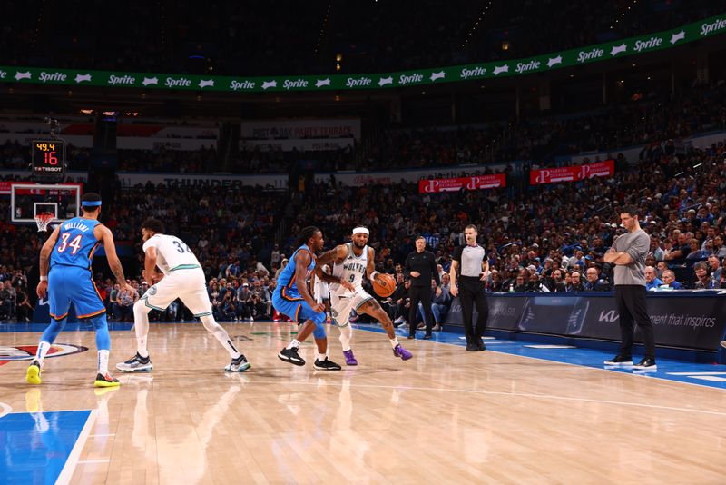 OKLAHOMA CITY, OK - JANUARY 29: Nickeil Alexander-Walker #9 of the Minnesota Timberwolves handles the ball during the game against the Oklahoma City Thunder on January 29, 2024 at Paycom Arena in Oklahoma City, Oklahoma. NOTE TO USER: User expressly acknowledges and agrees that, by downloading and or using this photograph, User is consenting to the terms and conditions of the Getty Images License Agreement. Mandatory Copyright Notice: Copyright 2024 NBAE (Photo by Zach Beeker/NBAE via Getty Images)