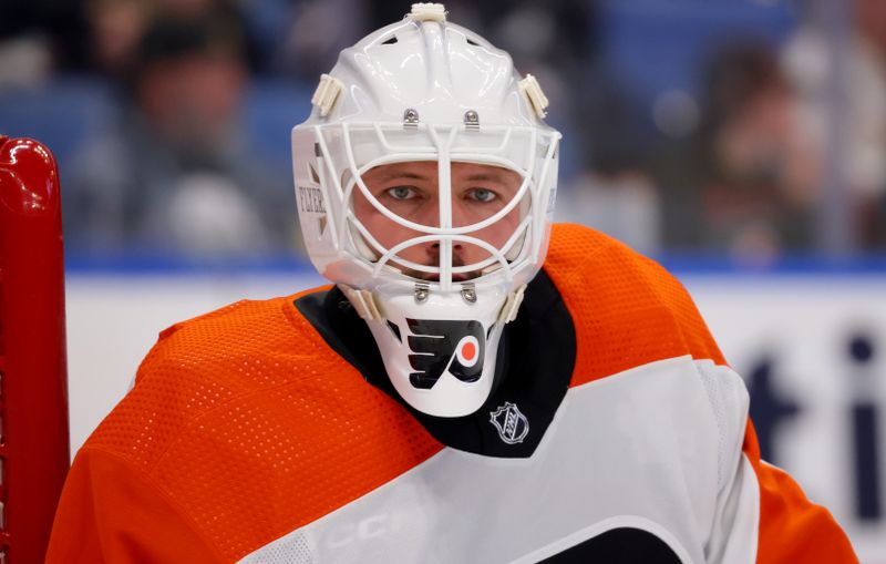 Apr 5, 2024; Buffalo, New York, USA;  Philadelphia Flyers goaltender Ivan Fedotov (82) during a stoppage in play against the Buffalo Sabres during the second period at KeyBank Center. Mandatory Credit: Timothy T. Ludwig-USA TODAY Sports