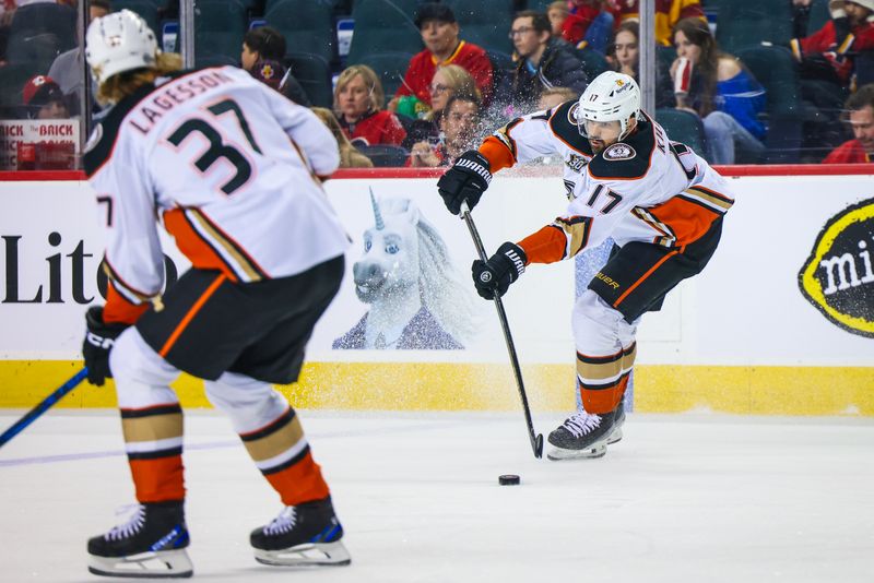 Apr 2, 2024; Calgary, Alberta, CAN; Anaheim Ducks left wing Alex Killorn (17) passes the puck against the Calgary Flames during the third period at Scotiabank Saddledome. Mandatory Credit: Sergei Belski-USA TODAY Sports