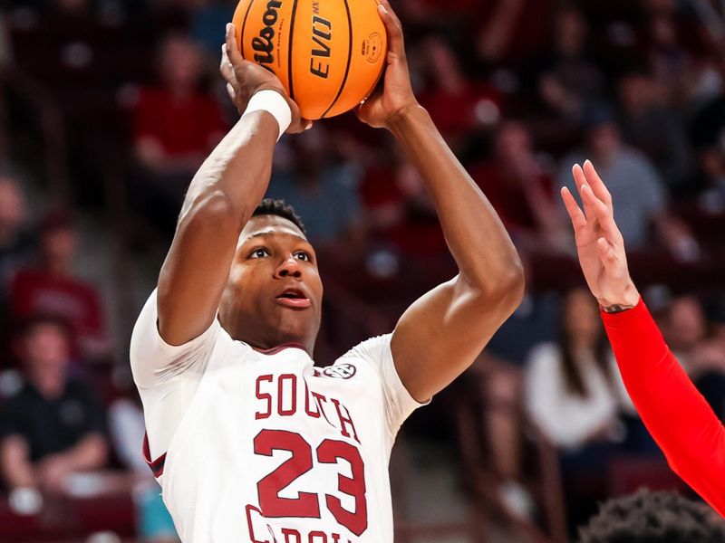 Mar 4, 2023; Columbia, South Carolina, USA; South Carolina Gamecocks forward Gregory Jackson II (23) shoots against the Georgia Bulldogs in the first half at Colonial Life Arena. Mandatory Credit: Jeff Blake-USA TODAY Sports