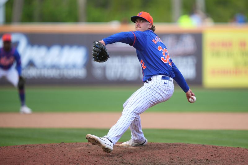 Mar 23, 2024; Port St. Lucie, Florida, USA;  New York Mets pitcher Trey McLoughlin (32) pitches in the eighth inning against the Houston Astros at Clover Park. Mandatory Credit: Jim Rassol-USA TODAY Sports
