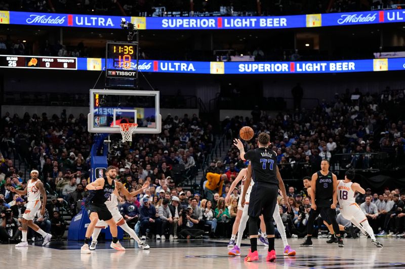 DALLAS, TEXAS - JANUARY 24: Luka Doncic #77 of the Dallas Mavericks passes during the first half of the game against the Phoenix Suns at American Airlines Center on January 24, 2024 in Dallas, Texas. NOTE TO USER: User expressly acknowledges and agrees that, by downloading and or using this photograph, User is consenting to the terms and conditions of the Getty Images License Agreement. (Photo by Sam Hodde/Getty Images)