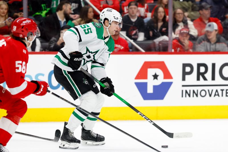 Dec 23, 2025; Detroit, Michigan, USA;  Dallas Stars defenseman Thomas Harley (55) skates with the puck in the second period against the Detroit Red Wings at Little Caesars Arena. Mandatory Credit: Rick Osentoski-Imagn Images